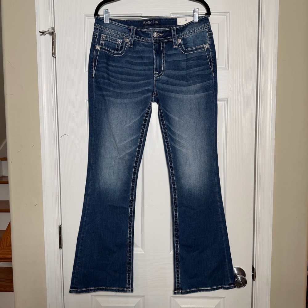 Miss Me Indigo Blue Cowgirl Country Boot Cut Mid-Rise Slim Fit Jeans
